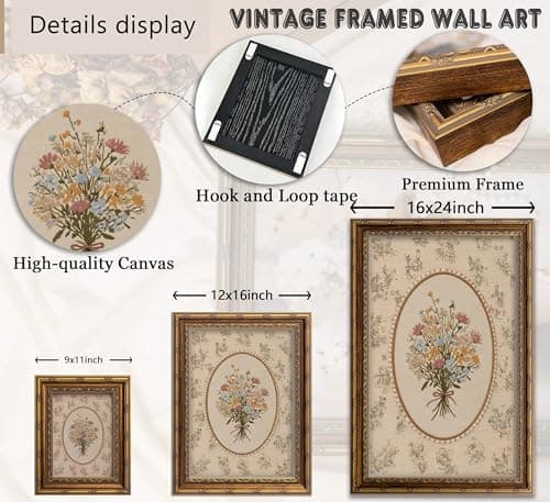 Vintage Gold Framed Wall Art, Cottagecore Pink Wildflower Bouquet Picture Wall Decor, Rustic Farmhouse Flowers Botanical Canvas Poster Artwork, for Nursery Living Room Bedroom 9X11in — view 3