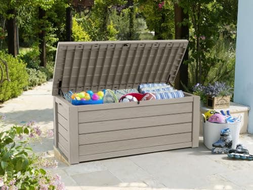 Keter Westwood 150 Gallon Resin Large Outdoor Storage Box for Patio Furniture, Outdoor Cushions, Garden Tools and Pool Floats, Beige — view 2