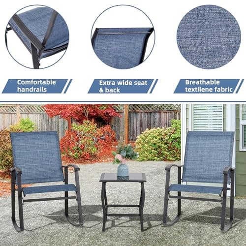 Vongrasig 3 Piece Outdoor Rocking Bistro Set, Textilene Fabric Small Patio Furniture Set, Front Porch Rocker Chairs Conversation Set with Glass Table for Lawn, Garden, Balcony, Poolside (Denim Blue) — view 2