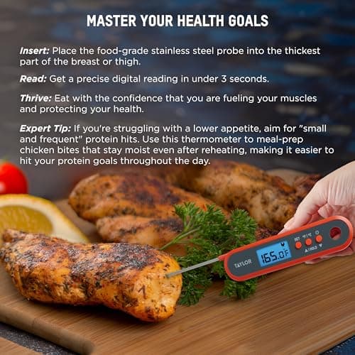 Taylor Digital Waterproof Meat Thermometer for GLP-1 High Protein Meal Prep – Folding Probe for Chicken, Salmon, Steak – Programmable Presets, Backlit Display for Oven, Grill, Orange — view 3
