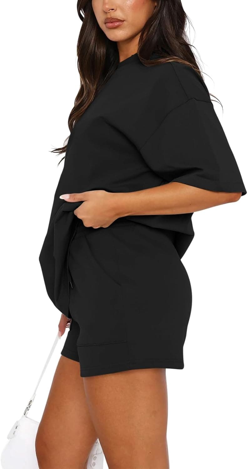 REORIA Women's Tracksuit Short Sleeve Crew Neck Plain Two Piece Leisure Suit Loungewear Outfit Jogger Tracksuit Set Black S