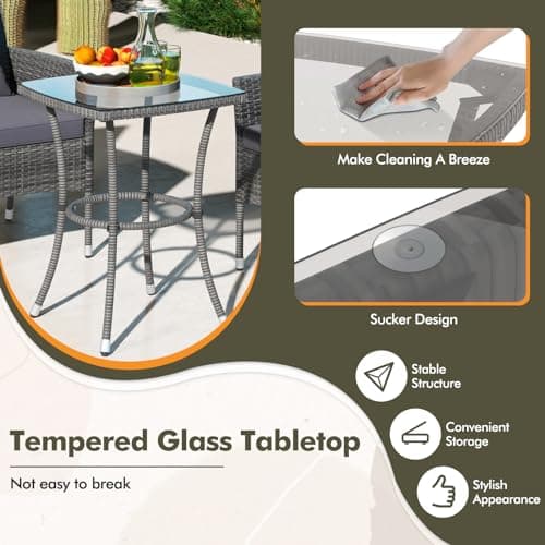 DORTALA Wicker Patio Furniture Set 3 Piece, Small Outdoor Table & Chairs with Tempered Glass Tabletop, Cushions, Rattan Conversation Bistro Set for Balcony, Porch, Backyard, Deck, Mix Gray+Gray — view 2