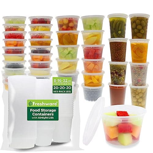 Freshware Food Storage Containers with Lids [60 Pack 8, 16, 32 oz, 20 sets each size] Plastic Deli Containers, Meal Prep Containers, Microwave and Freezer Safe, Stackable, Leakproof, BPA Free, Clear