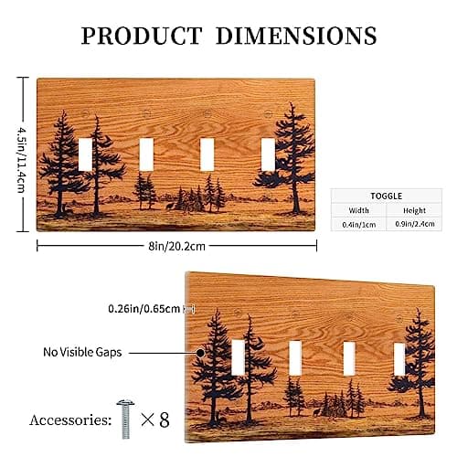 Rustic Brown Pine Tree Wood Print 4 Gang Light Switch Cover Quad Toggle Wall Plate Decorative Electrical Switchplate Faceplate for Bedroom Living Room Bathroom Home Decora(plastic) — view 4