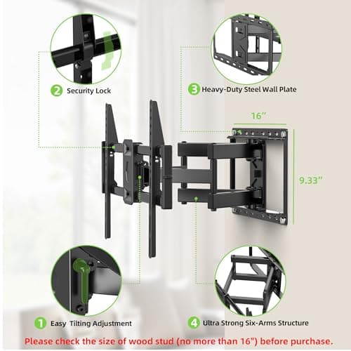 USX Mount Full Motion TV Wall Mount for Most 42-90 inch Flat Screen/LED/4K, TV Mount Bracket Dual Swivel Articulating Tilt 6 Arms, Max 16" Wood Studs, VESA 600x400mm, Holds up to 132lbs — view 3