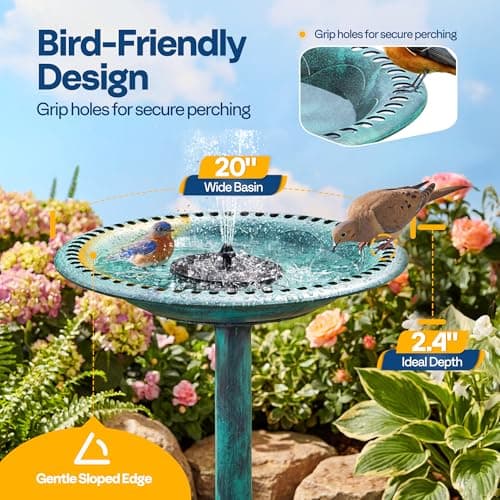 VIVOHOME Bird Bath with Solar Fountain for Outside, Polyresin Pedestal Bird Baths with Solar Powered Pump for Outdoor, Garden, Weather-Resistant Birdbaths with 20" Bowl, Green — view 3