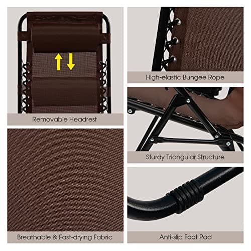 Goplus Zero Gravity Lounge Chairs, 160°Adjustable Folding Recliner w/Pillow and Cup Holder, 350LBS Comfy Outdoor Lounge Chairs for Patio, Lawn, Yard & Camp(1, Brown) — view 5