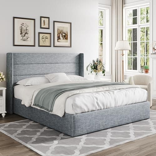 Allewie Queen Size Lift Up Storage Bed, Modern Wingback Headboard, Hydraulic Support, No Box Spring Needed, Grey Blue — view 7