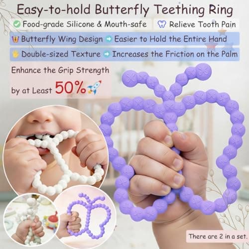 2 Pcs Baby Teething Toys Silicone Butterfly Teething Rings Over 3 Months - Baby Essentials Sensory Chew Toys -Baby Teether for Teething Relief -BPA Free Infant Toys Baby Shower Gifts (2, White,Purple) — view 3