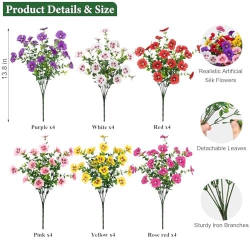 Ouddy Decor 24 Bundles Artificial Flowers for Outdoors, Fake Silk Flowers UV Resistant Faux Plastic Plants for Planters Vase Table Porch Patio Garden Spring Summer Indoor Outdoor Home Decor, Mixed