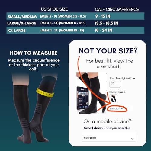 PhysFlex Compression Socks for Women and Men - Best Support for Running, Flying, Pregnancy - Knee High Graduated Compression Stockings (Black/Dark Grey, S/M)