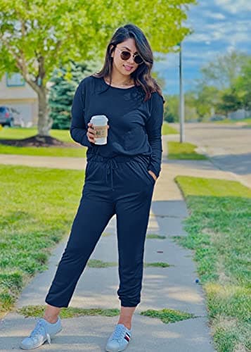 PRETTYGARDEN Women Fall 2 Piece Lounge Outfit Long Sleeve Tops High Waisted Jogger Pants Set Spring Travel Clothes Tracksuit (Dark Blue,Large) — view 4