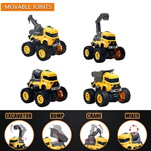 Construction Monster Truck Toys - 4pcs Excavator, Mixer, Crane, Dump Trucks Toy | Push and Go Friction Powered Cars Stunt Vehicles Playset | Kids Birthday Party Favors Gifts for 3+ Year Old Boys Girls — view 4
