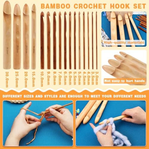 16 Pieces Wooden Crochet Hooks, 3 to 30 mm in Diameters Handle Crochet Hook Knitting Crochet Needles with 10 pcs Knitting Stitch Markers for Handcraft Crocheting — view 4
