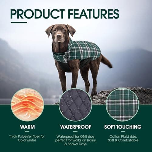 Kuoser Waterproof Dog Coat, Reversible Dog Jacket for Large Dogs, Adjustable Durable Doggie Winter Coat for Groowing Puppies Warm Puppy Cold Weather Apparel, Green XS — view 2