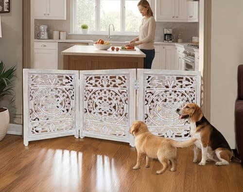 Croft&Cane Wooden Foldable Pet Dog Safety Gate - 3 Panel 20 W x 24 H - Hand Carved Suzani Free Standing Portable Indoor Puppy Gate - Doorway Hall Stairs Dog Fence - Assembled - White Wash — view 3