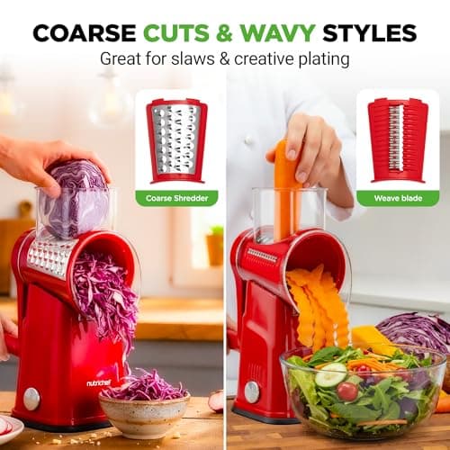 NutriChef 5 in 1 Cheese Grater & Shredder | 5 Different Blades for Thin, Thick, Julienne Strips, Wavy, & Straight Strips | Includes Hand Crank, Strong Suction Base & Storage Container | Red — view 4