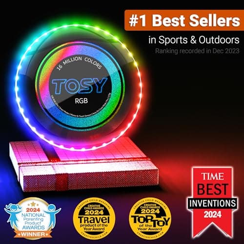 TOSY Flying Disc - 108 RGB Multicolor LEDs, Super Bright, Smart Modes, Cool Valentine Easter Gift, Camping Toy for Kid/Teen/Adult, Auto Light Up, Rechargeable, Waterproof, 175g
