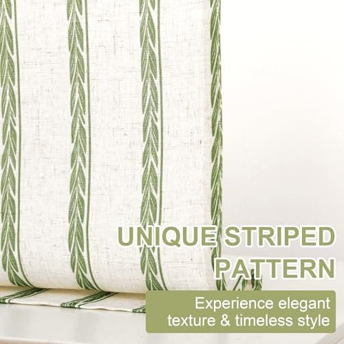 JIUZHEN Striped Linen Kitchen Curtains 2 Panels - Short Tier Drapes with Rod Pocket, Farmhouse Cafe Curtains for Small Windows 36 Inch Length, Wheat Stripe Green — view 4