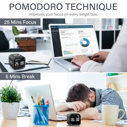 Rotating Pomodoro Timer 5, 25, 10 50 Minutes Preset, Desk Productivity Flip Timer, ADHD Tool Cube Countdown Stopwatch, Vibration/High/Low Volume/Custom Modes, for Work, Study, Back to School, Kitchen — view 2