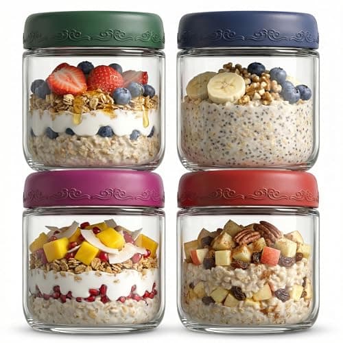 DicraoLea 10oz 4Pack Glass Overnight Oats Jars Containers with Airtight Leakproof Lids, Reusable Mason Jars for Meal Prep, Yogurt Parfaits, Smoothies, Salads & Healthy Breakfasts (10 OZ-4-1)