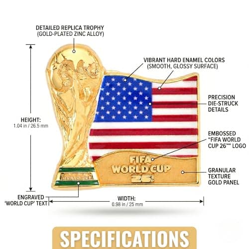 Official FIFA World Cup 2026 USA Flag & Trophy Pin – 1.5” Enamel Lapel Badge – Premium Zinc Alloy Souvenir – 2D Lacquer Emblem for Hats, Jerseys, Backpacks, Jackets, Lanyards & Displays