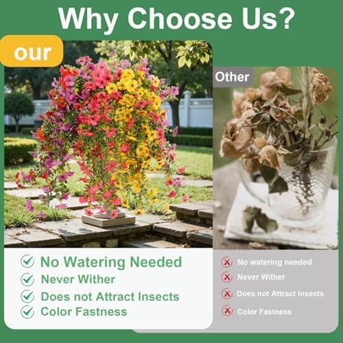 Wanderroot 6 Bundles Artificial Flowers for Outdoors, UV Resistant Fake Hanging Flower, Realistic Silk Flowers for Indoor Outside Garden Patio Balcony Farmhouse Porch (Fuchsia, Red, Purple, Yellow) — view 4