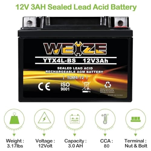 Weize YTX4L-BS High Performance - Rechargeable - Sealed Motorcycle Battery Compatible with Polaris Scrambler, Sportsman 90, Honda Scooters NQ50 Spree,Kawasaki 110 KLX110,Can-Am DS70,Yamaha TTR125E/LE