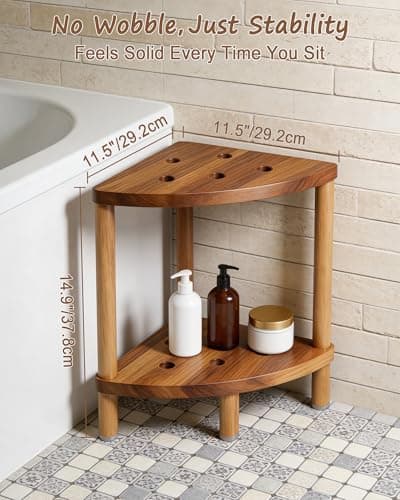 Yose Elegant Acacia Shower Stool for Women, Large Shower Stool for Inside of Shower, Stable Shower Seat for Comfort and Clean Living, Fits Small Bathrooms, Non Slip Shower Foot Rest, 400 lb Capacity — view 2