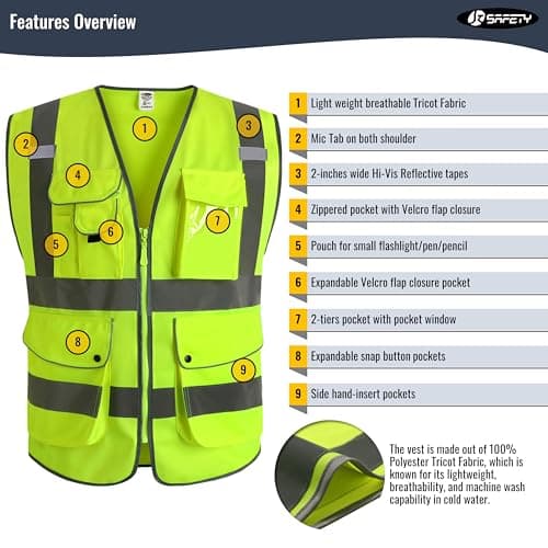 JKSafety 9 Pockets Class 2 High Visibility Zipper Front Safety Vest With Reflective Strips,Meets ANSI/ISEA Standard (Large, 150-Yellow) — view 2