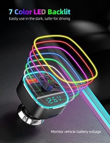 Nulaxy Bluetooth FM Transmitter for Car, Upgraded QC3.0 & 5V 1A Dual USB Charger Bluetooth Car Adapter Wireless Radio, 7-Color LED Backlit Light, Hands-Free Calling, Support USB Drive TF Card - NX10 — view 4