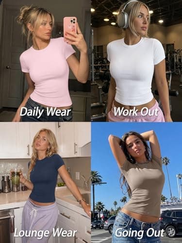 Trendy Queen Womens Short Sleeve T Shirts - Buttery Soft Summer Crop Tops Slim Fit Y2k Basic Tees for Workout Black 3XS — view 5