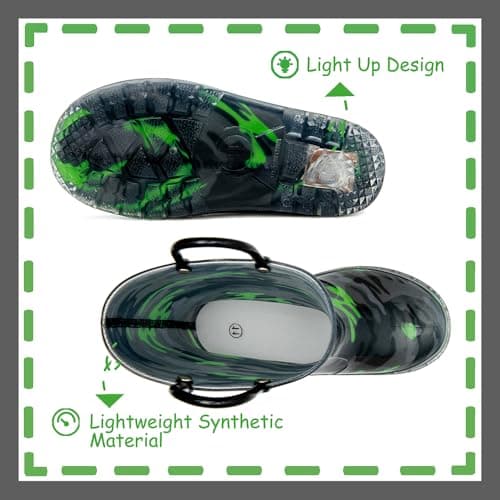 OUTEE Toddler Boys Rain Boots Little Kids Baby Light Up Waterproof Rubber Shoes Printed Mud Lightweight Adorable with Easy-On Handles Non Slip Sole Black Green Camo Size 8 — view 3