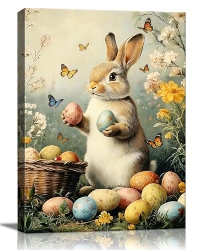 Easter Bunny Canvas Wall Art, Cute Rabbit and Easter Eggs Painting Prints, Vintage Farmhouse Spring Animal Picture, Modern Framed Easter Wall Decor for Bedroom, Living Room, Bathroom, Office 8×10In