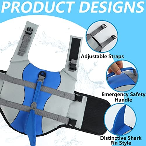 EMUST Dog Life Jacket Shark, Dog Life Vests for Small, Middle, Large Dogs with Rescue Handle Dog Flotation Vest Safety Lifesaver for Swimming Pool Beach Boating, (S,Blue) — view 2