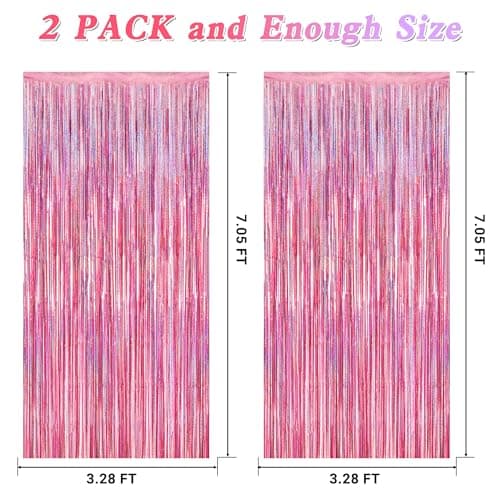 2 Pack Glitter Pink Backdrop, 3.28 FT x 7.05 FT Birthday Party Decorations, Laser Pink Fringe Curtains Foil Streamer Tinsel, Pink Curtains Photo Backdrop Happy Birthday Valentines Day Backdrop