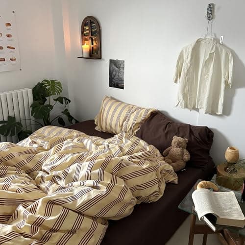mixinni Retro Striped Duvet Cover Set Queen - 100% Natural Cotton 3-Piece Vintage Red Stripes Pattern Printed Bedding Set, Soft Breathable Comforter Cover with Zipper Closure & Corner Ties, Queen Size — view 3
