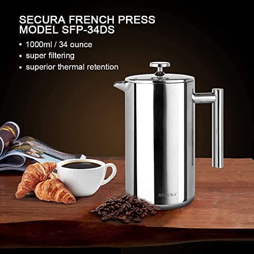 Secura French Press Coffee Maker, 304 Grade Stainless Steel Insulated Coffee Press with 2 Extra Screens, 34oz (1 Litre), Silver — view 6