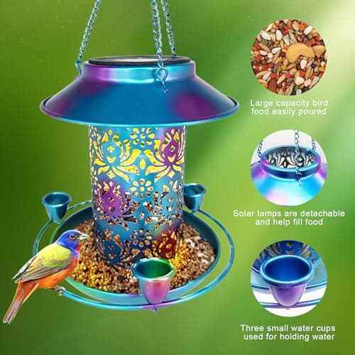 ENKAP Solar Bird Feeder for Outdoors, 3 Nectar Cups for Hummingbirds, Metal Squirrel-Proof Weatherproof, 2-in-1 Garden Lantern Auto Light at Night, Perfect for Birthdays, Christmas, Bird Lovers — view 2