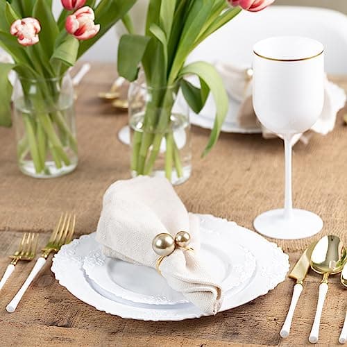 PLASTICPRO 64 Pack Elegant Disposable Plastic Plates Combo Set Includes 32 Dinner Plates and 32 Salad Heavy Duty Fancy Party Plates White Embossed Victorian Design