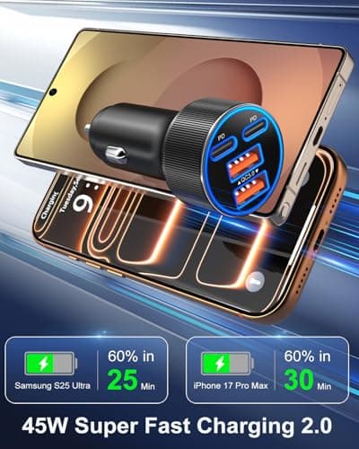 USB C Car Charger, 3 Pack 90W 4-Port Dual 45W Super Fast Car Phone Charger PD/QC 3.0 Fast Charging 12V Cigarette Lighter Adapter Plug for iPhone 17 16e 15 14 Pro Max, Galaxy S26 S25, Android — view 2