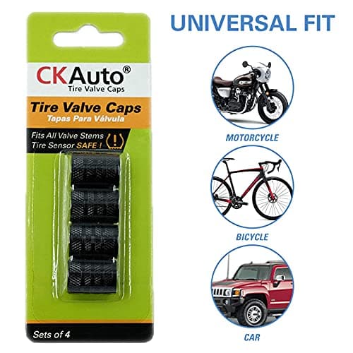 CKAuto Tire Valve Stem Caps, Black, 4 pcs/Pack, Anodized Aluminum Tire Valve Cap Set, Corrosion Resistant, Universal Stem Covers for Cars Trucks Motorcycles SUVs and Bikes — view 4