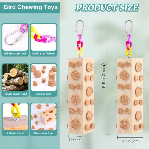 Bird Foraging Toy Parakeet Toys for Budgie, Conure, Cockatiel, Lovebird, and Small to Medium Parrots, 2 Pack Hanging Parrot Toy with 92 Detachable Corks, Natural Wood — view 2