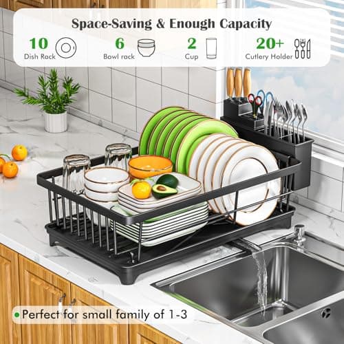 Kmiectse Dish Drying Rack - Space-Saving Small Dish Rack for Kitchen Counter, Rust-Resistant Kitchen Drying Rack, Compact Dish Drainer Organizer with Utensil Holder for Home Kitchen, Black — view 2