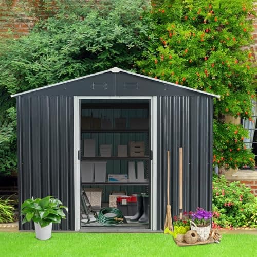 JT 8x10 FT Outdoor Storage Shed with Floor Frame, Metal Garden Shed with Sliding Doors, Waterproof Galvanized Steel Storage House for Backyard, Garden, Patio (Black)