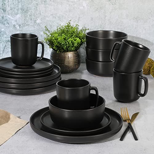 Gibson Home Zuma Stoneware Plates, Bowls, & Mugs Dinnerware Set - Matte Black, Service for Four (16pcs) — view 2
