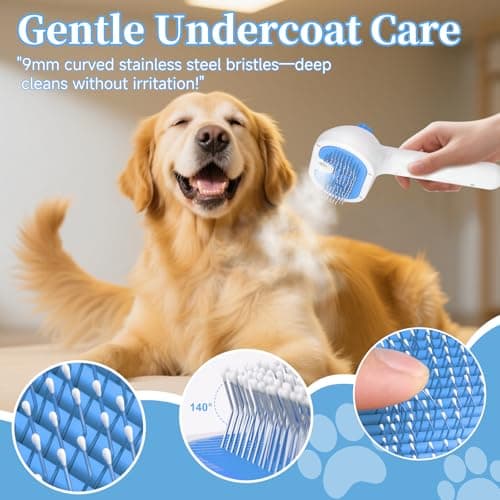 Pet Steam Brush for Dog & Cat - 3-in-1 Steam Grooming Brush for Shedding & Hair Removal - Self Cleaning Spray Comb with Mist for Long Haired Pets - Includes 1*Waterless Shampoo, Blue. — view 4