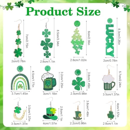 12 Pairs Glitter Rhinestone Earrings Jewelry Set Layered Tassel Green Hat Horseshoe Earring Lucky 4 Leaf Petal Cute Studs for Prom Dress Jewerly