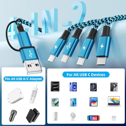 Jogrytece USB C Splitter Multi Charging Cable,USB A/C to USB C Charging Cabel, 4 in 2 Multi Charger Cord, with 4 Type-C Connectors Compatible with Cell Phones Tablets and More 1Pack 5FT