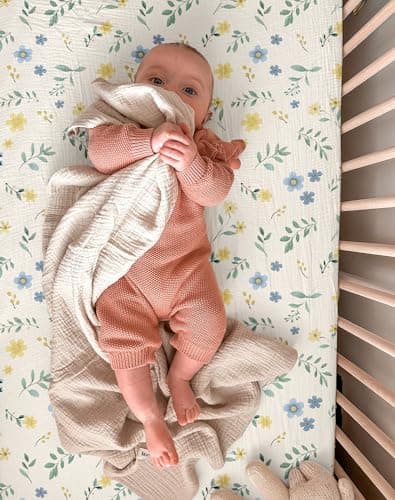 Pack and Play Sheets for Baby Boy and Girl 2 Pack, Neutral Muslin Cotton Pack N Play Mattresses Sheet 27"x39", Muslin Nursery Bedding Soft and Breathable Comfort (Spring Garden & Sage) — view 3